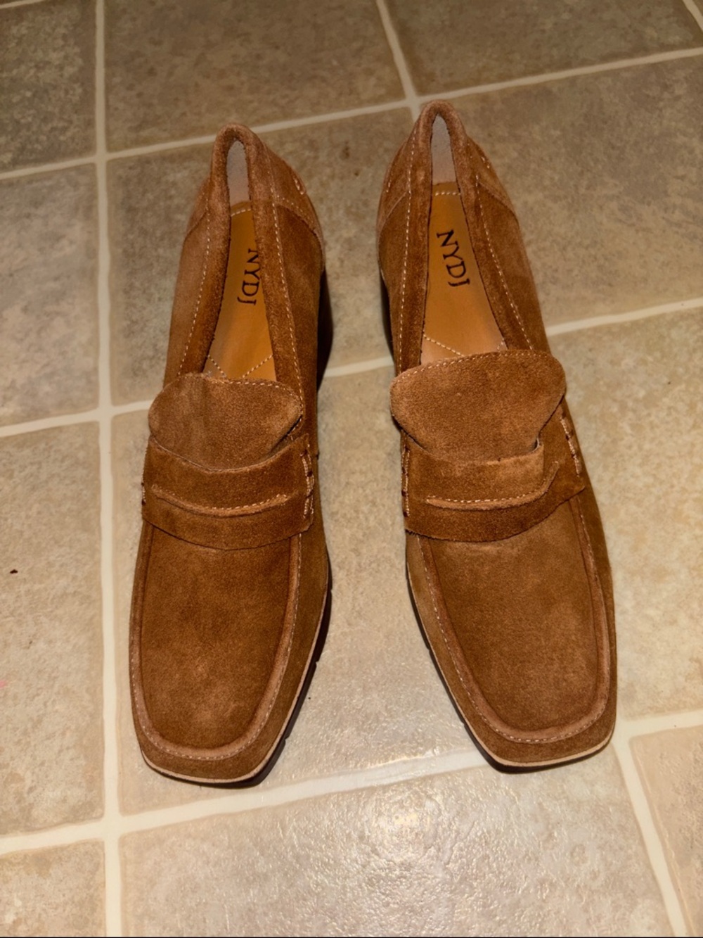 NYDJ Brown Suede Block Heel Penny Loafers - Picture 2 of 8